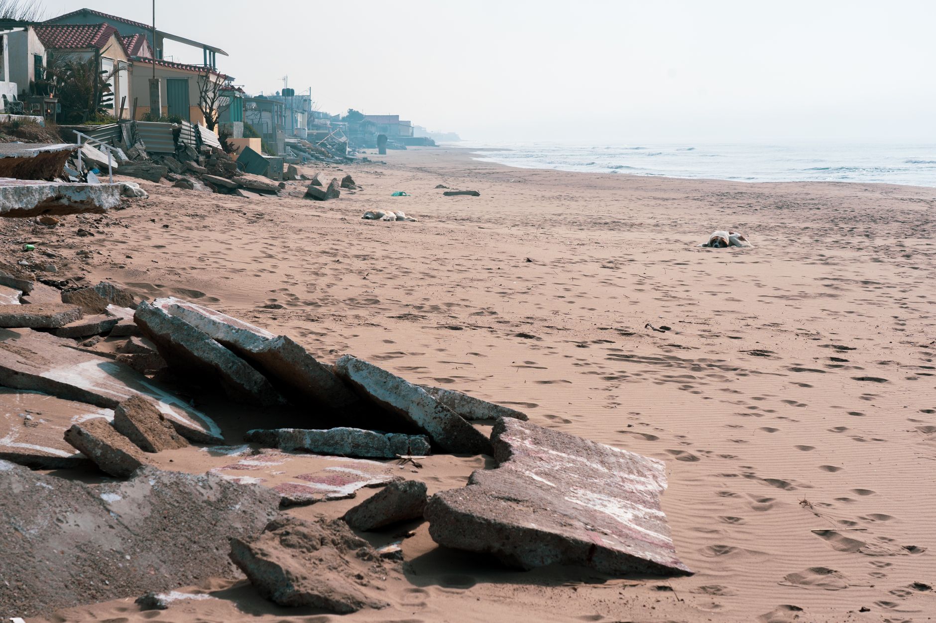 A serene coastal scene with broken concrete along a sandy shoreline and homes in the background.