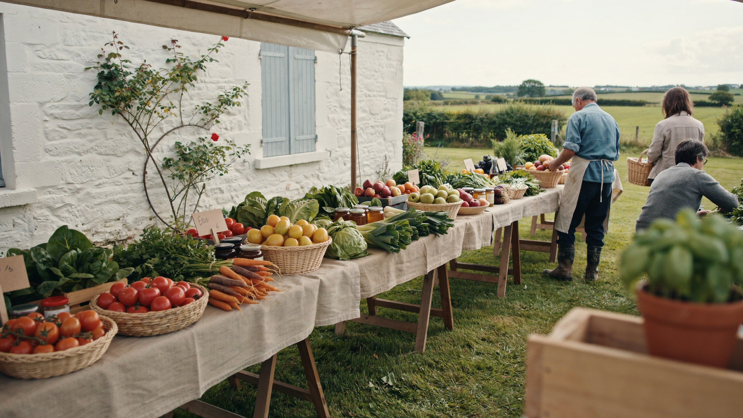 Illustration documentaire sur marché à la ferme breton produits locaux été